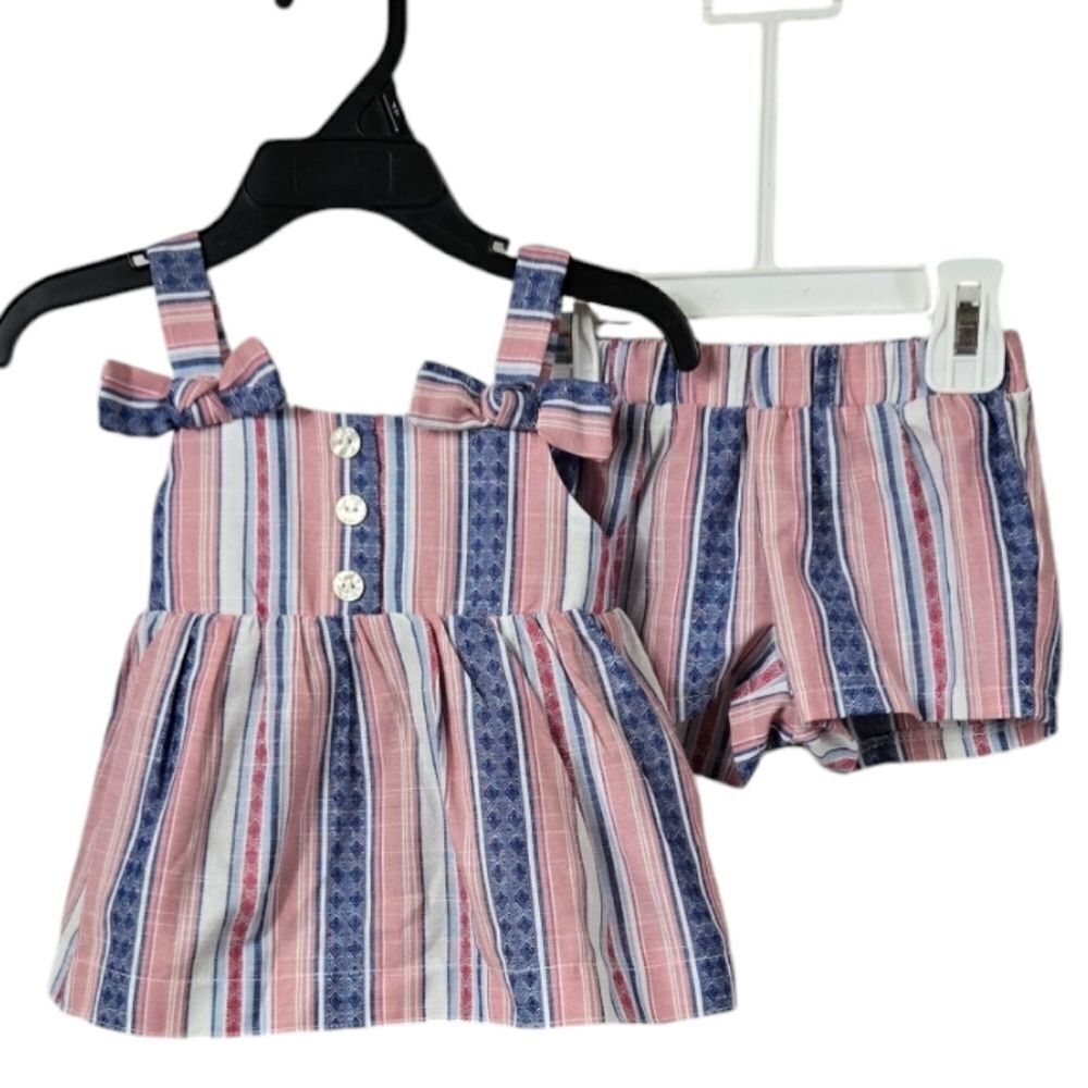 Bonnie Baby Americana Bow Stripe Woven 2pc Matching Short Set Girls Outfit 12M
